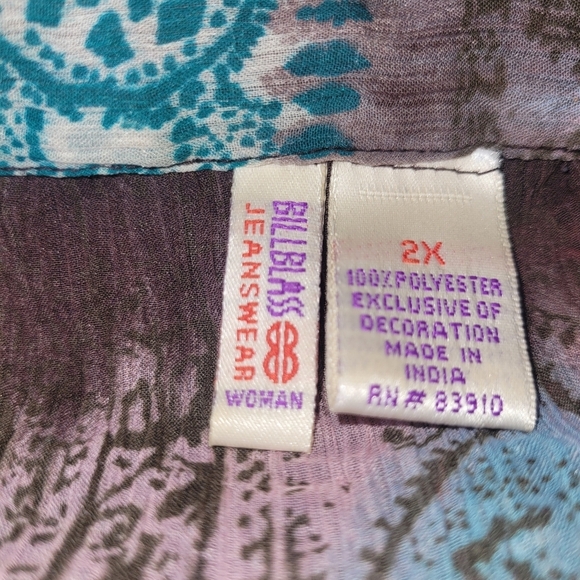 Bill Blass Jeanswear Multi Colored Semi Sheer Blouse 2X - Picture 7 of 7
